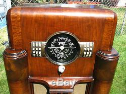 1938 BIG BLACK DIAL ZENITH 7S-363 OLD WOOD ANTIQUE CONSOLE TUBE RADIO WORKS EYE