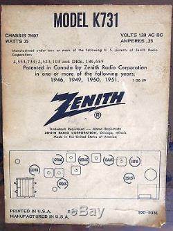 Fully Operational Vintage Zenith K731 AM/FM Long Distance Tube Table Radio