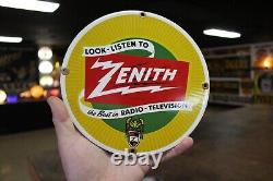 Rare Zenith Radio Tv Dealer Porcelain Metal Sign Tube Repair Electronic Dept