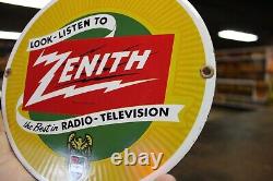 Rare Zenith Radio Tv Dealer Porcelain Metal Sign Tube Repair Electronic Dept