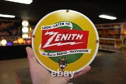 Rare Zenith Radio Tv Dealer Porcelain Metal Sign Tube Repair Electronic Dept