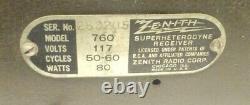 Vintage ZENITH 760 / ch 2054 Untested CHASSIS with all 9 tubes & GOOD TUNING