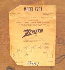 Vintage Zenith K731 AM/FM Wood Cabinet Tube Radio Tested Works