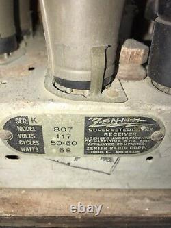 Vintage Zenith Model 807 Tombstone Radio circa 1930's For Parts Or Repair