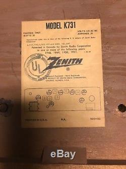 Vtg. Zenith AM/FM Radio in Wood Cabinet, Tested-Works, Model K-731